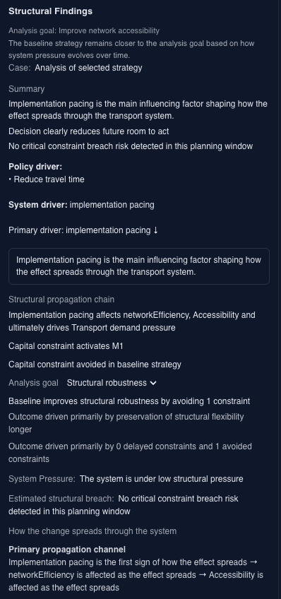 Cascade Engine Structural Findings panel showing a summary, system driver, primary driver and traceable model-derived outputs.
